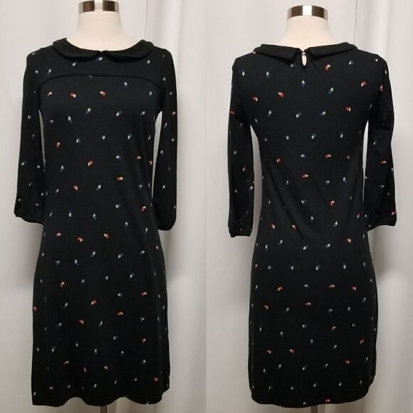 Boden Black Peter Pan Collar Leaf Print 3/4 Sleeve Shift Dress Size 2 Regular - Picture 2 of 12